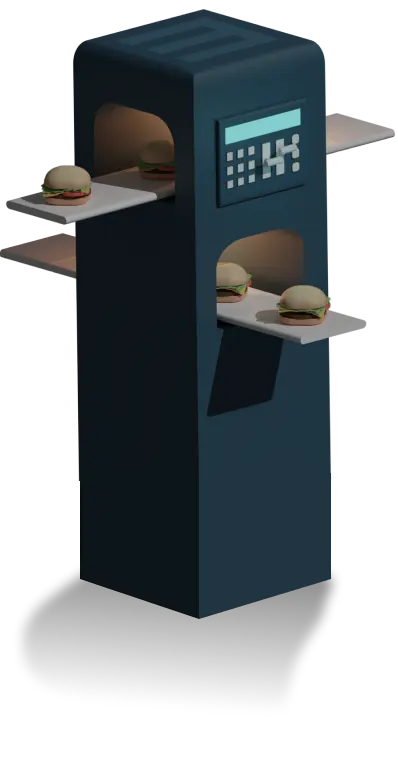 A navy blue tower with conveyor belts holding hamburgers passing through it